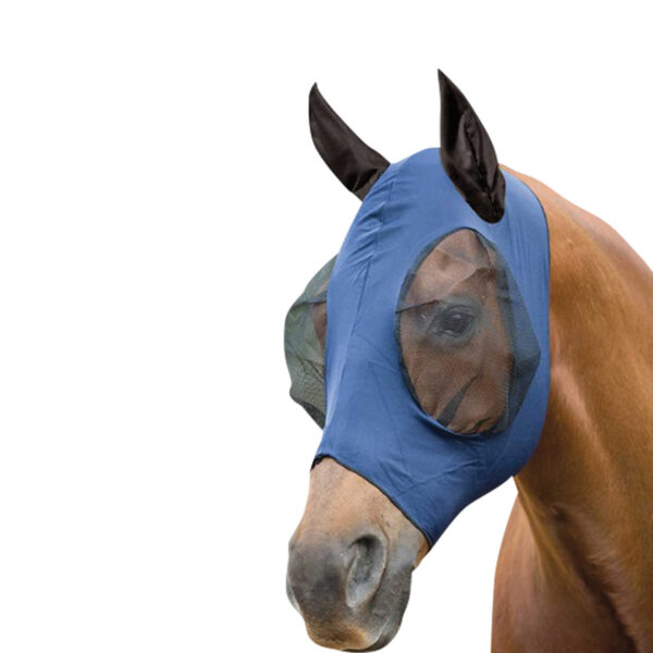 Chestnut horse in a blue Stretch Bug Eye Saver with ears, featuring strong lycra and see-through mesh for UV and insect protection.