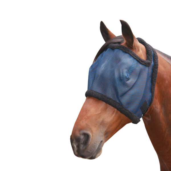 Chestnut horse in a citronella-coated blue Showcraft fly mask with a black fleece noseband for UV protection and comfort.