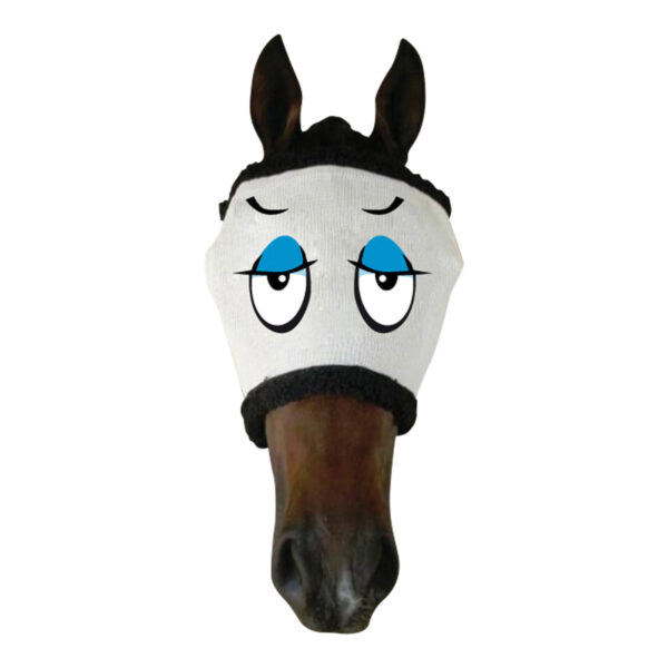Dark horse donning a Showcraft 'Casanova' funny fly mask with playful blue eyes and a fleece lining for no rub.