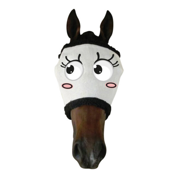 Dark horse with a whimsical 'Blushing Bride' Showcraft funny fly mask, complete with a fleece lining for comfort.
