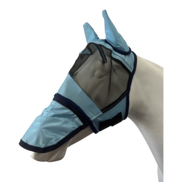 Versatile horse fly mask in sky blue with a zip-off nose, fleece-lined forehead, and ventilated ears for comfort.