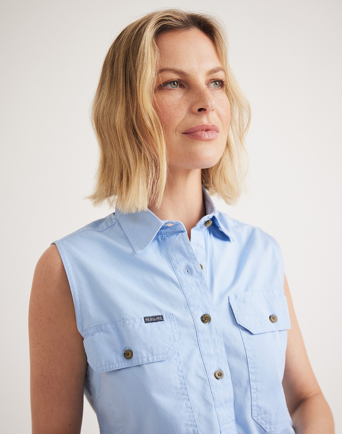 RB Sellars Sandy Workshirt - Half Button Sleeveless Shirt Pale Blue